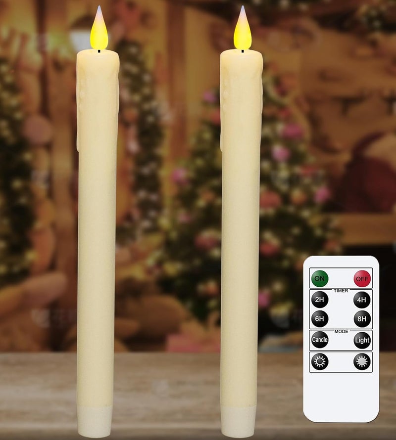 KSWING Upgraded Real Wax LED Flameless Taper Candles with Remote, 2 PCS Ivory Dripping Candlesticks Battery Operated 3D Flickering - 9.6" Long Realistic Fake Candle Sticks for Home/Wedding/Xmas Decor - Image 1